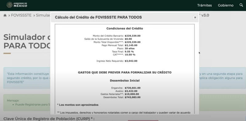 Simulador de Crédito Hipotecario Fovissste para Todos